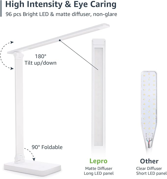 Lepro LED Desk Lamp with USB Charging Port for Dorm Room, 700LM 9.5W, White | Dimmable Table Lamp, 5 Colors 5 Brightness, Eye Caring Task Light for Home Office, Sewing, Crafting, Reading, Nail, Drafts - Image 5