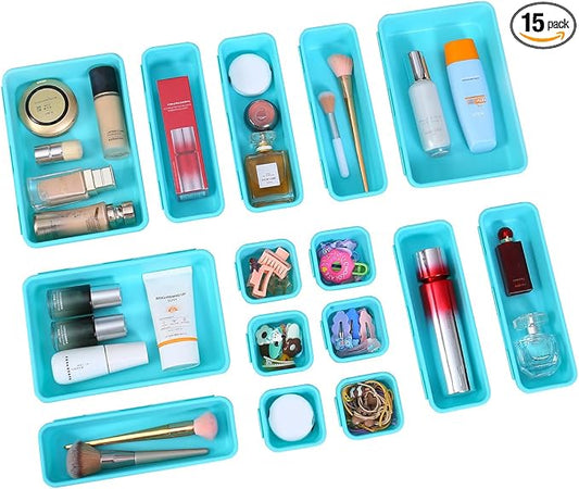 Kutesna 15PCS Interlocking Drawer Organizer, Plastic Desk Organizer Set | 3-Size Versatile Storage Bins,BPA-free,Non-slip, Fits Any Drawer for Cosmetics,Bathroom, Tools,Kitchen and Office（Blue&Green） by Kutesna