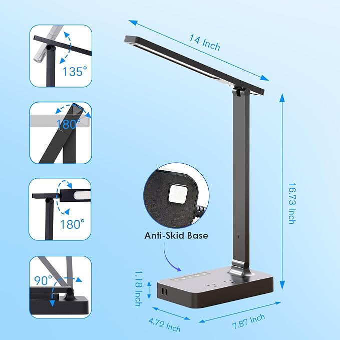 LAOPAO Desk Lamp with USB Charging Port: Power Strip with Surge Protection - 1 Type-C, 1 USB-A Charging Port, 2 AC Power Outlets, Desk Lamps for Home Office College Dorm Room Essentials - Image 7