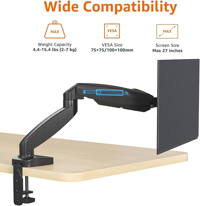 Amazon Basics Gas Spring Single Monitor Arm Desk Mount, Adjustable Tension, Fits 15–27 Inch Monitors, Supports 4.4–15.4 lbs, VESA 75x75/100x100, Black - Image 3