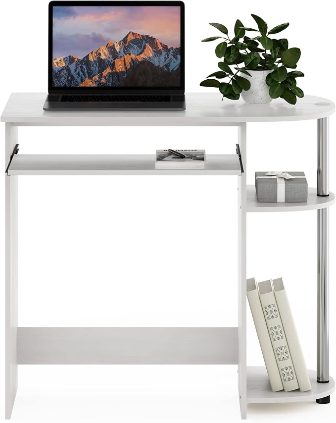 Furinno Simplistic Easy Assembly Computer Desk, with Keyboard Tray, White Oak/Stainless Steel - Image 3