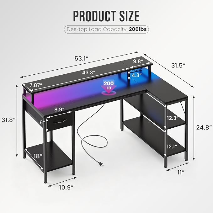 DUMOS 53 Inch Gaming Desk, L Shaped Desk, LED Lights | Monitor Stand, Storage Shelves, Computer Table, USB Charging Ports, Power Outlets, Small Spaces, Black - Image 3