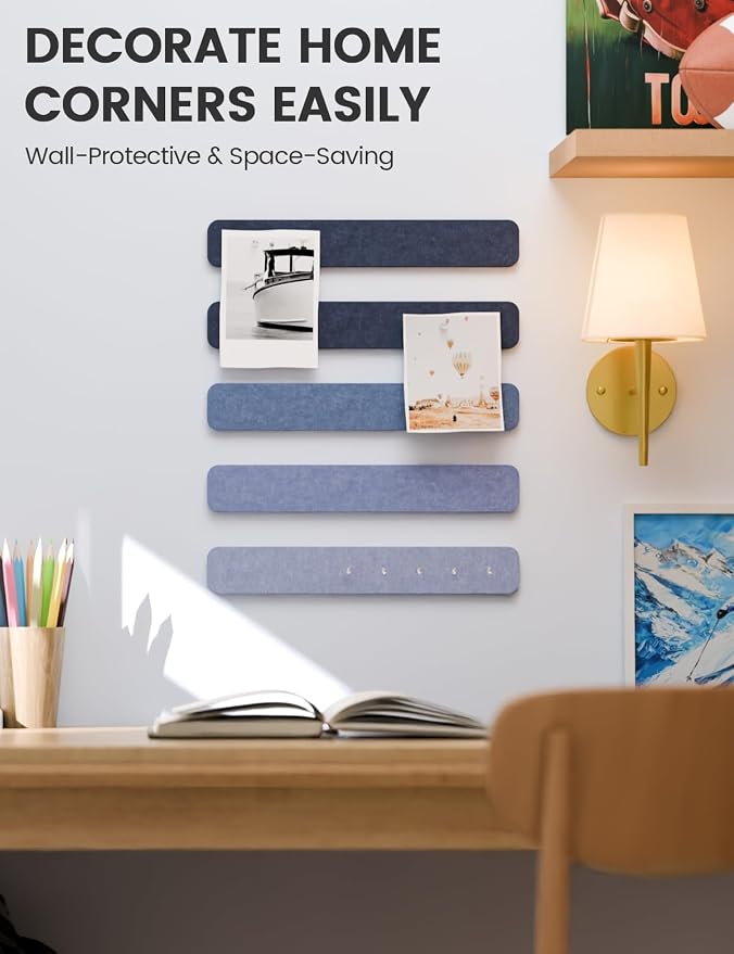 Fluxynara 13" x 2" Felt Wall Panels, Denim Mist | 5-Pack Cork Board Alternative with 35 Push Pins, Adhesive Mounting for Bedroom Door or Home Office - Image 4