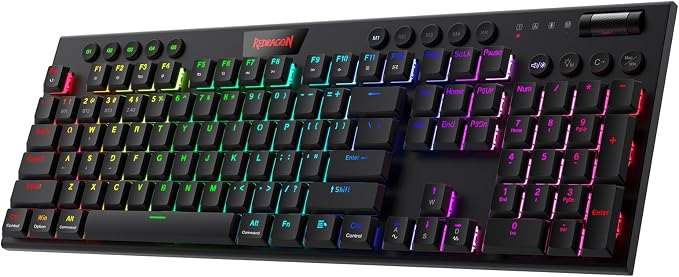 Redragon K618 PRO Wireless Ultra-Thin Gaming Keyboard, Macro & Media Scroll | 0-Delay Tri-Mode, 5 On-Board Keybinding G Buttons for MMO MOBA Games, Dedicated Media Control, Easy-Switch Win/Mac Compatible by REDRAGON