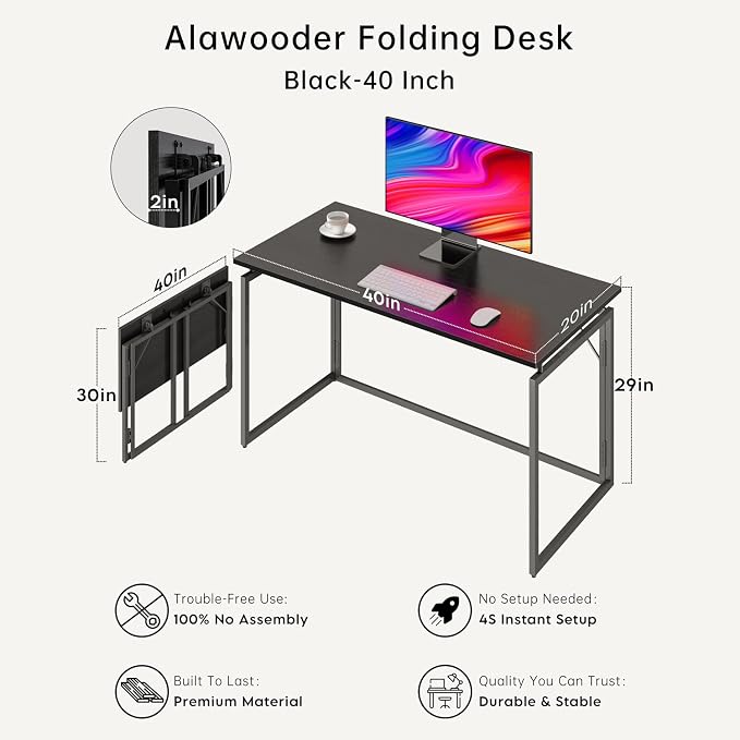 alawooder 39.4" Folding Desk: No Assembly, Wood Top for Small Spaces | 39.4 in dual-monitor workspace, holds 150 lbs, folds flat to 2.3 in, splash-proof top, home office or gaming - Image 6