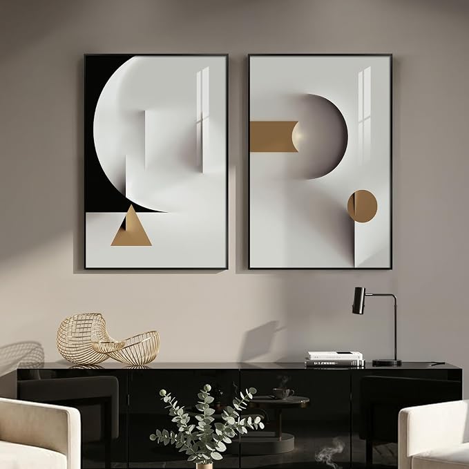 Large Framed Modern Elegant Abstract Wall Art, 2 Piece Black White Gold Geometric Prints Paintings Artwork for Walls, Minimalist Wall Pictures for Living Room Dining Bedroom Hallway Wall Decor 24x36 In by Cuspin