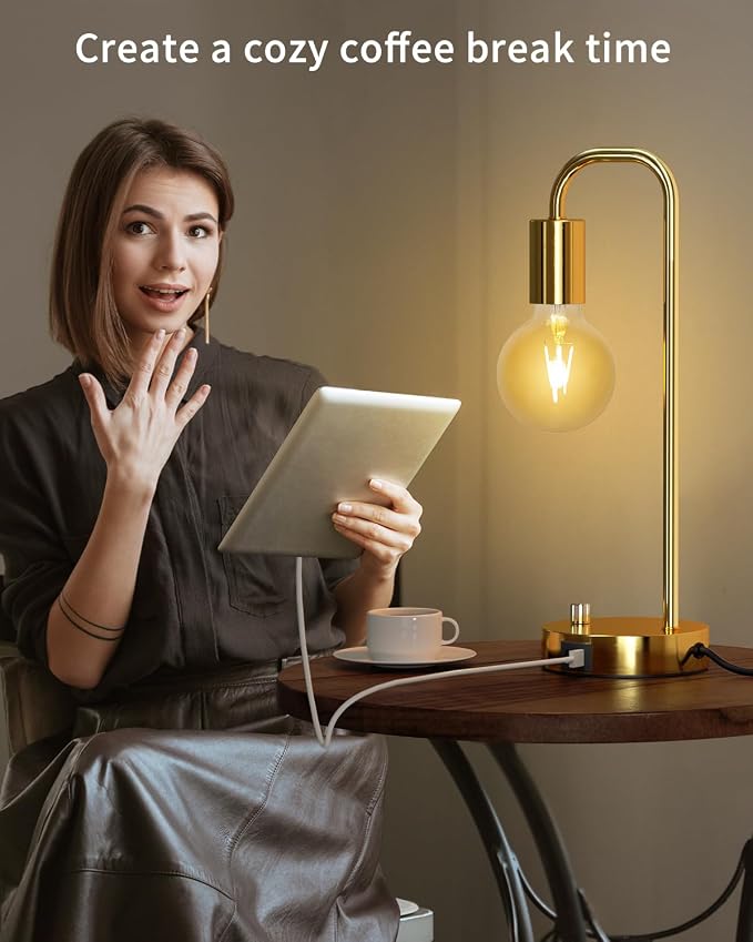 ONEWISH Industrial Table Lamp with 2 USB Port, Stepless Dimmable Nightstand Bedside Lamps for Bedroom,Desk Lamps with 2700K Gold Gradient Bulb for Reading Living Room - Image 5
