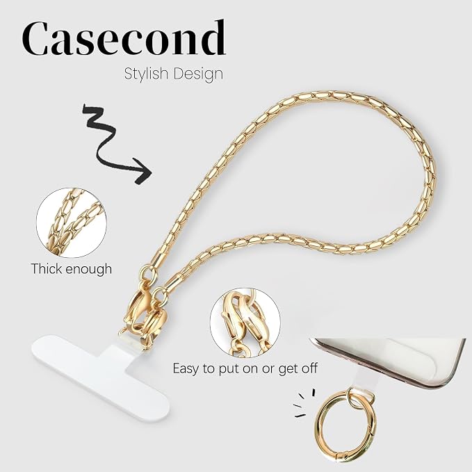Phone Wrist Strap Metal Phone Chain Lanyard Hand Wristlet Detachable Phones Charm with 3 Tether Tabs with CellPhone Stand Holder Finger Grip Universal for Women Girls Traveling Party Walking Gold - Image 5
