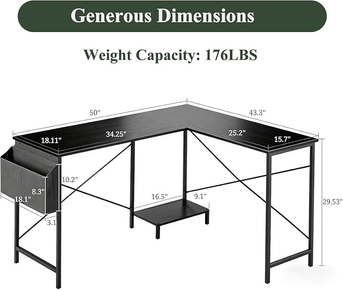 L Shaped Desk, 50 Inch Reversible Computer Desk Corner Gaming Table with CPU Stand & Storage Bag, Sturdy Metal Frame PC Workstation for Home Office, Black Wood | Storage Bag, Black Corner Gaming Table, Sturdy Metal Frame, PC Workstation for Home Office - Image 3