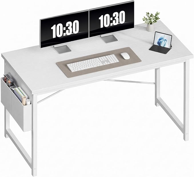 OLIXIS Computer Desk, 55 Inch Gaming Desks for Home Office Small Spaces | Writing Study Craft Work Table, Computer Workstation for Bedroom with Storage Bag, All White by OLIXIS