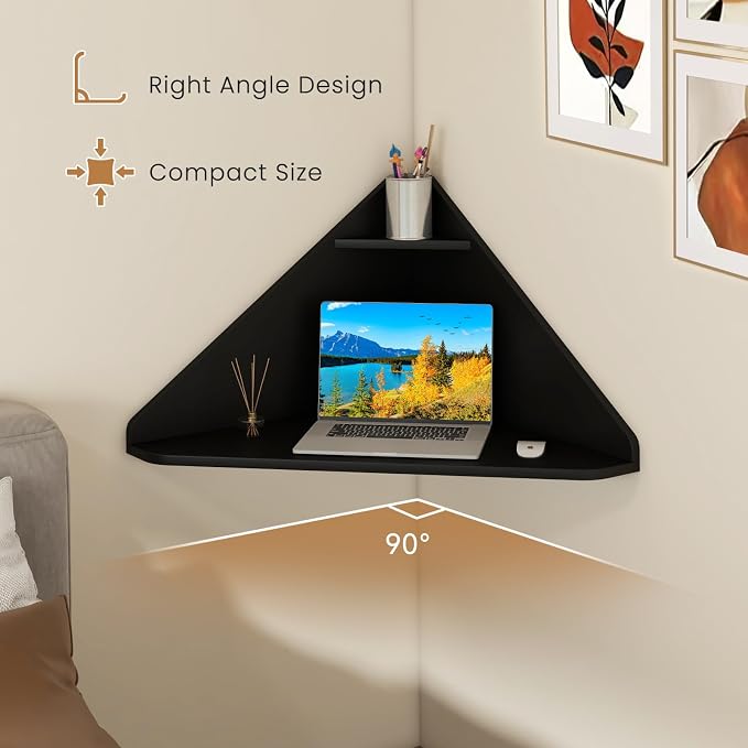 Giantex Corner Floating Desk, Wall Mounted Computer Desk with Storage Shelf, Space-Saving Writing Desk, Triangle Laptop Desk for Living Room, Study, Bedroom, Home Office & Small Spaces (Black) - Image 6