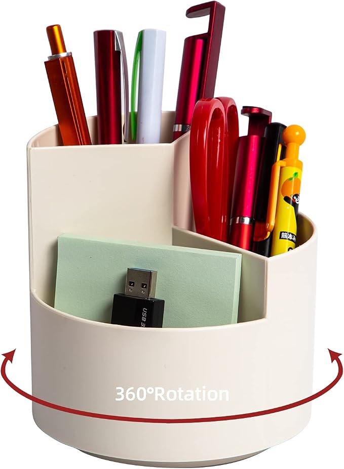 Desk Pencil Pen Holder, 3 Slots 360-Degree Spinning Organizers, Desktop Storage Stationery Supplies, Cute Cup Pot for Office, School, Art Supply, Kids - White by EDENMS