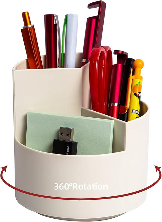 Desk Pencil Pen Holder, 3 Slots 360-Degree Spinning Organizers, Desktop Storage Stationery Supplies, Cute Cup Pot for Office, School, Art Supply, Kids - White by EDENMS