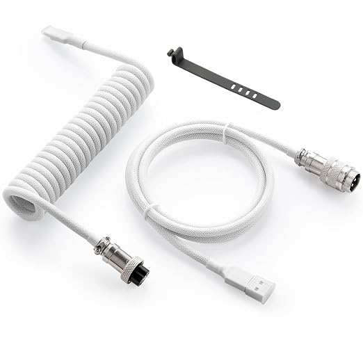 GUNMJO Pro Custom Coiled USB C Cable for Gaming Keyboard, Double-Sleeved Mechanical Keyboard Cable with Detachable Metal Aviator, 1.5M USB-C to USB-A, White Color by GunMjo