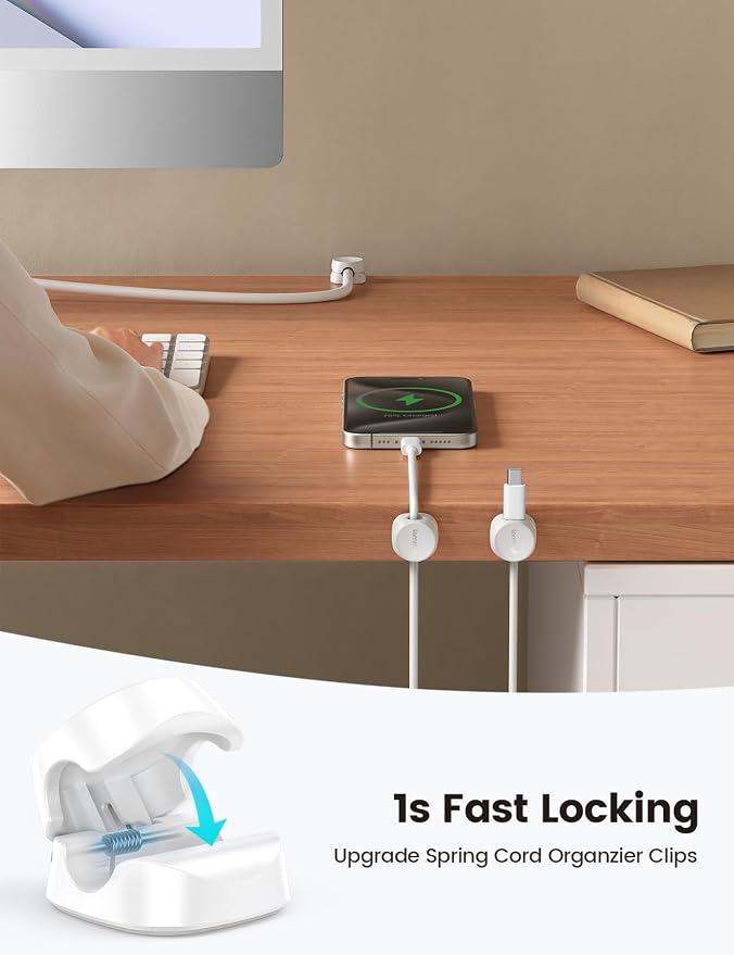 Lamicall 8 Pack Cord Organizer, [1s Lock] Cable Management Clips | Spring-Powered Cord Holder, Adhesive Phone Charger Keeper for Nightstand Desk Car, Office Home College Dorm Accessories - Image 2