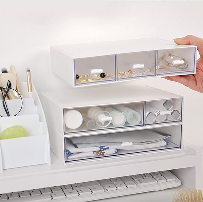 Desk Organizer-Stackable Storage Drawers, Plastic Compact Desk Storage Box Perfect for Collection Small Item/Cosmetic Office Organizer - 3 drawers (White) - Image 2