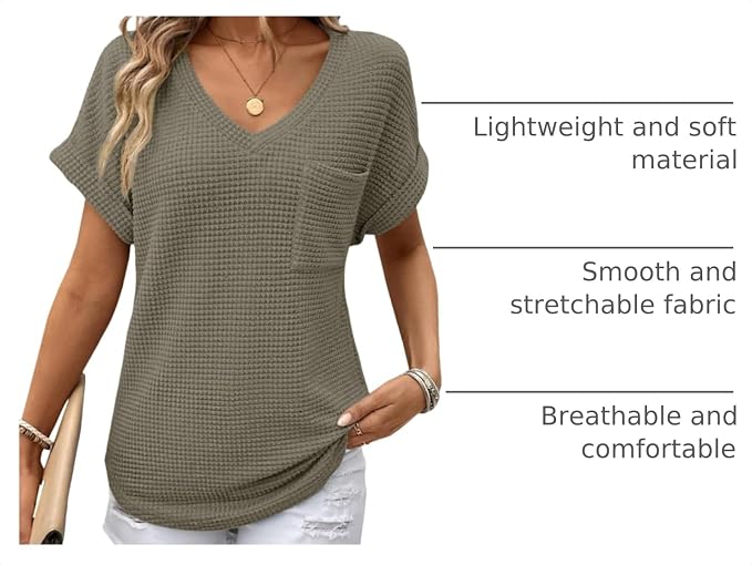 Dokotoo Womens Waffle Knit Tops 2026 Spring Summer V Neck Shirts Casual Trendy Women's Blouses Basic Tee - Image 4