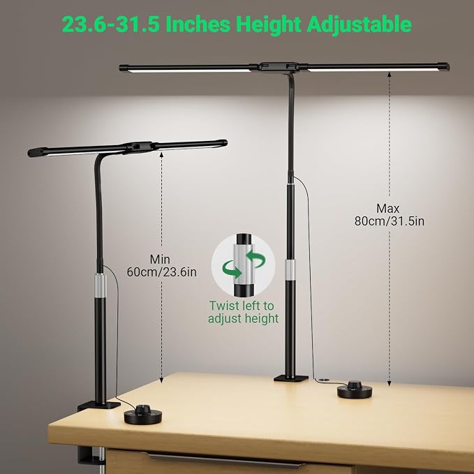 LED Desk Lamp with Clamp, 23.5-31.5 Inches, Black | 24W, 75 Lighting Modes, Flexible Neck Design, Telescopic Height, For Home Office Study Work Craft Paint - Image 2