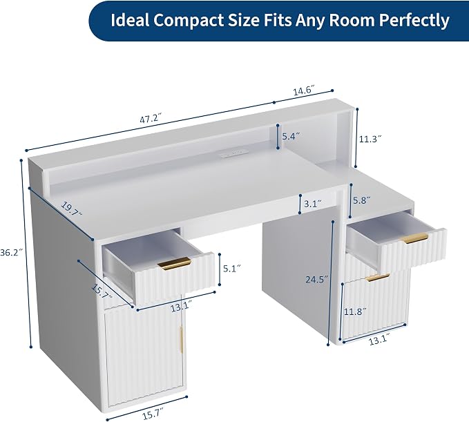 Garvee Rectangular Computer Desk with Hutch & Printer Stand, Ripple Door Storage Home Office Desk, Space-Saving Study Writing Desk for Bedroom, Sturdy Board Student Desk with Easy Assembly, White - Image 2