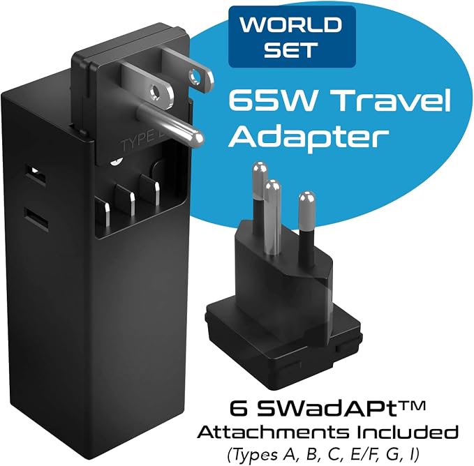 Ceptics 65W World Travel Adapter 3 USB Ports PD 3.0 Ultra Compact Charger 2 US Outlets [GaN Tech], Quick Type C, Charge Laptops, Cellphones in Europe, Asia, Africa, America and More - Image 2