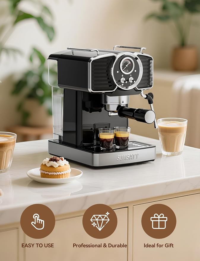 SUMSATY 20 Bar Espresso Machine Retro with Powerful Milk Frother, Black | Visual Pressure Gauge Espresso Coffee Machine 1350W Fast Heating Home Barista for Cappucino Latte Maker, 61oz Water Tank - Image 5