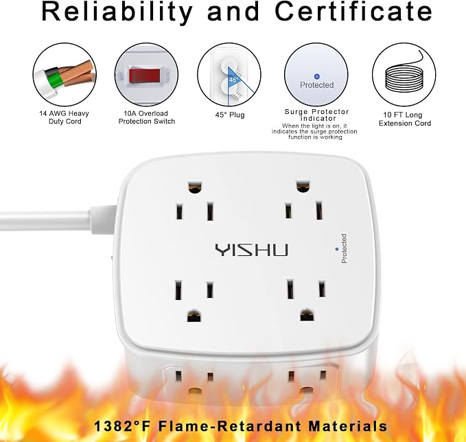 10 Ft Surge Protector Power Strip - YISHU 3 Side Outlet Extender with 8 Widely AC Outlets and 4 USB Ports, 10 Feet Extension Cord with Flat Plug, Wall Mount Desk USB Charging Station, ETL,White - Image 6