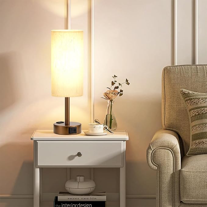 Fenmzee Brown Bedside Table Lamp for Bedroom - 3 Way Dimmable Touch Lamp USB C Charging Ports and AC Outlet, Small Lamp Round Flaxen Cream Fabric Shade for Living Room, Desk, LED Bulb Included - Image 8