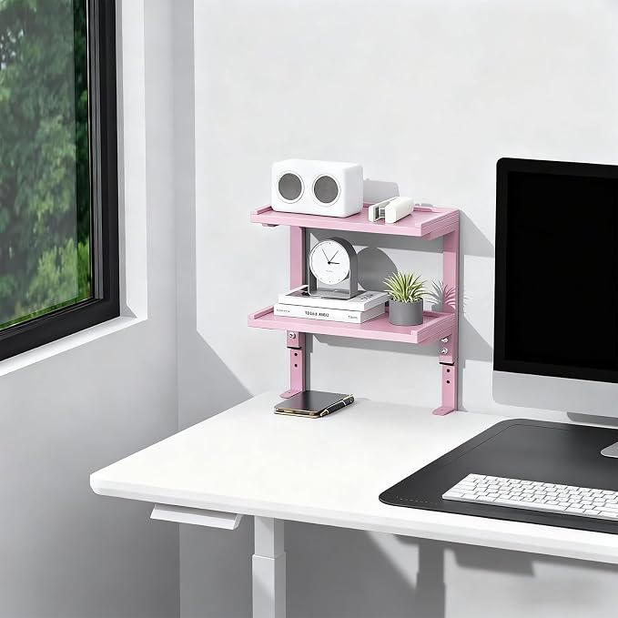 Spacrea Clamp on Desk Shelf, 2 Tier Office Desk Shelves Organizer, Wood Desktop Supplies Storage Rack, Desk Organizers and Accessories (Pink) - Image 7