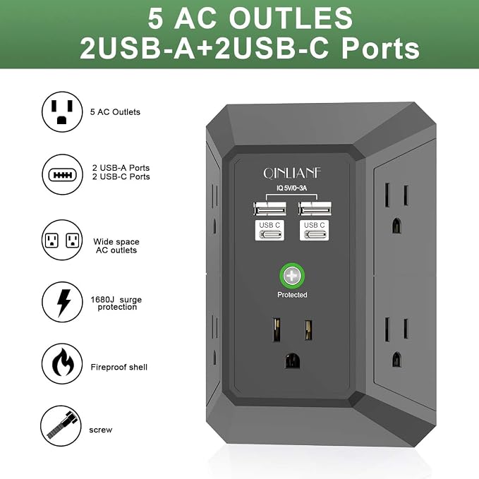 USB Wall Charger, Surge Protector, QINLIANF 5 Outlet Extender with 4 USB Charging Ports(2U2C) 3-Sided 1680J Power Strip Multi Plug Outlets Wall Adapter Spaced for Home Travel Office,Black - Image 2