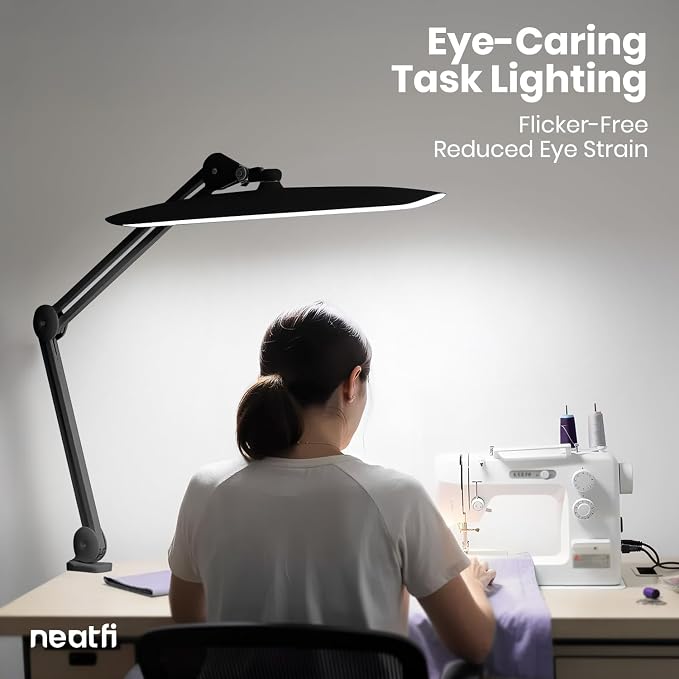 Neatfi XL 2200 Lumens 24W LED Desk Lamp – Shadow-Free Task Lighting | 4-Level Dimming | Home Office & Crafts Use | 20-Inch Wide Head (Black, Non-CCT with Clamp) - Image 3