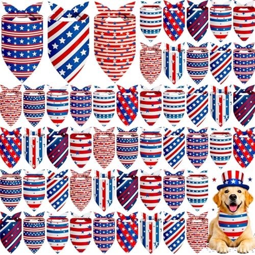 Weewooday 50 Pcs 4th of July Dog Bandanas Bulk for Patriotic American Striped Star Red White and Blue Independence Day Flag Scarf for Small Medium Large Outfit(Striped Star, 31.5 x 21.7 X21.7 Inch) by Weewooday
