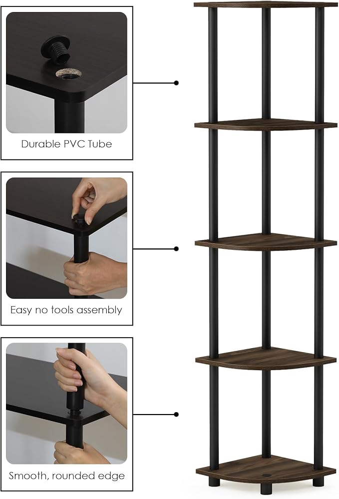Furinno TURN-N-TUBE Corner Shelf Set of 2, 5-Tier Corner Bookshelf, Open Storage Shelves, for Organization and Storage, Living Room, Home Office, Garage, Columbia Walnut - Image 4