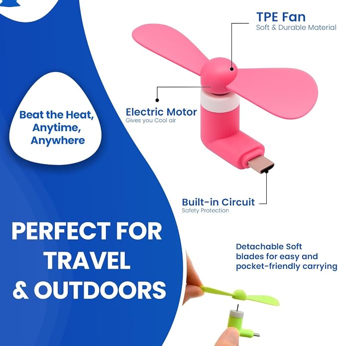 Mini Cell Phone Fan for Hot Flashes, Colorful & Powerful Fans Compatible with iPhone, iPad, Android Smartphones & Tablets, USB C Mobile Accessories, 3 iOS + 3 Type C + 2 Silicone Suction Cup Mount - Image 3