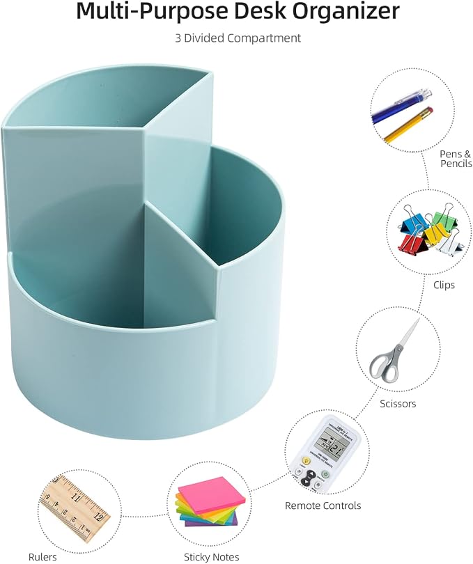 Desk Pencil Pen Holder, 3-Slot 360 Spinning Desk Organizer, Cute Pencil Cup Pot for Office, School, Art Supply - Blue - Image 3