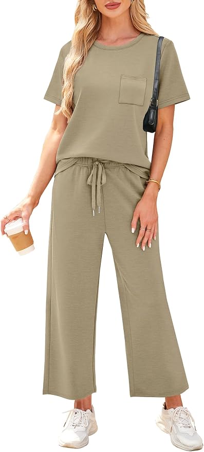 WIHOLL 2 Piece Sets for Women Casual Summer Travel Vacation Outfits Short Sleeve Wide Leg Crop Pants Lounge Sets - Image 2