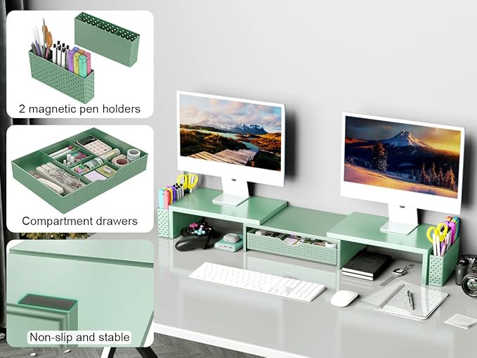 Spacrea Metal Desk Organizers and Accessories, Dual Monitor Stand Riser with Drawer and 2 Pen Holders, Book Racks, Desk Accessories & Workspace Desktop Organizers for Office Supplies (Sage Green) - Image 4