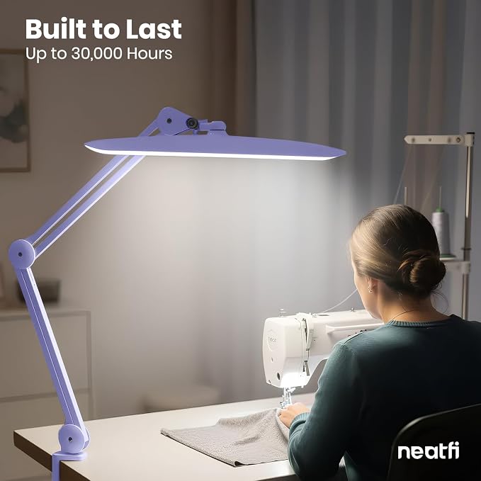 Neatfi XL 2200 Lumens 24W LED Desk Lamp – Shadow-Free Task Lighting | 4-Level Dimming | Home Office & Crafts Use | 20-Inch Wide Head (Lavender, Non-CCT with Clamp) - Image 9