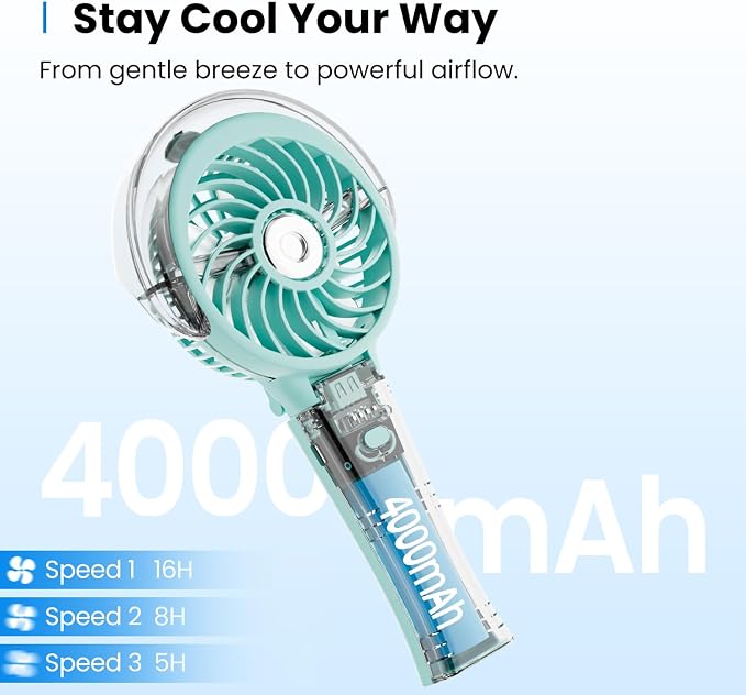 KIBEE Portable Misting Fan - 4000mAh Rechargeable, 50ml Water Tank, Foldable 180° Handheld with Mist Spray, 3-Speed Personal, Portable Charger for Travel, Outdoors, Makeup & More(Green) - Image 4