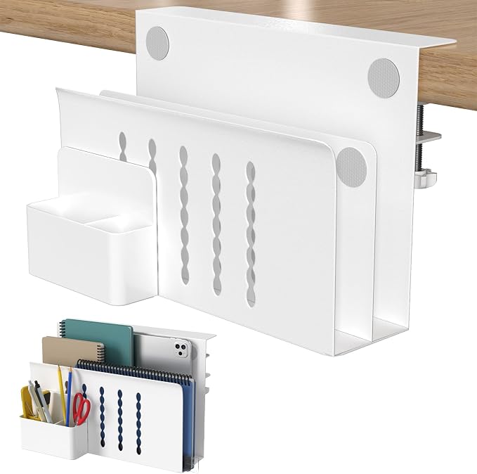HAMOPY Desk Side Storage, 2 Tier Steel Hanging Desk Organizer with Magnetic Pen Holder, No Drilling Standing Desk Drawer Cable Management Tray, Under Table Laptop Holder for Office, School&Home(White) by HAMOPY
