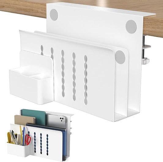 HAMOPY Desk Side Storage, 2 Tier Steel Hanging Desk Organizer with Magnetic Pen Holder, No Drilling Standing Desk Drawer Cable Management Tray, Under Table Laptop Holder for Office, School&Home(White) by HAMOPY