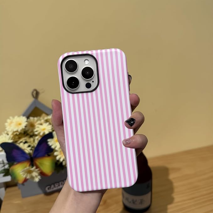 for iPhone 16 Pro Max Case Striped Cute Aesthetics Phone Case Trendy Protective Shockproof Cover for iPhone 16 Pro Max Pink White - Image 2