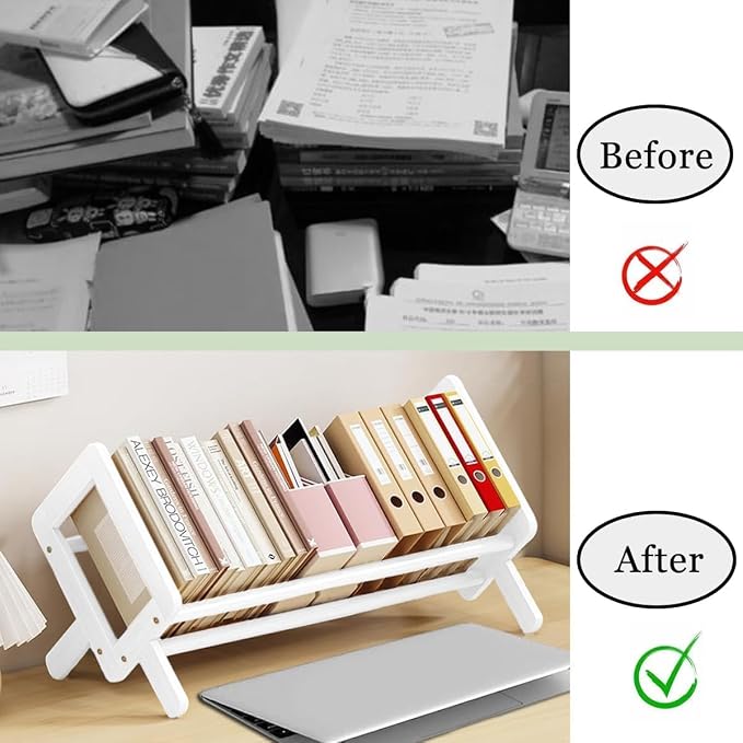 Wood Tilting Bookcase in Living Room/Home/Office, Desktop Book Shelf Organizer Bookshelves Storage Rack for CDs/Magazine/Books Display (White, 19.68"-L) - Image 6