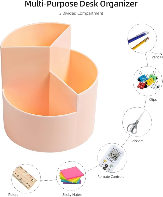 Desk Pencil Pen Holder, 3 Slots 360-Degree Spinning Organizers, Desktop Storage Stationery Supplies, Cute Cup Pot for Office, School, Art Supply, Kids - Pink - Image 3