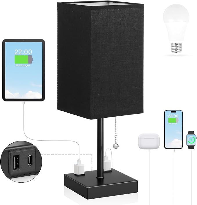 Black Lamp for Bedroom - 3 Color Temperatures, USB A+C, 2 AC Outlets | Pull Chain Switch, LED Bulb Included, Black Fabric Shade, 17.4" Table Lamp for Nightstand, Desk, Living Room, Office - Image 2