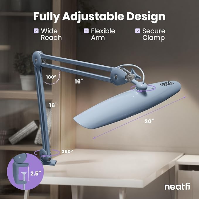 Neatfi XL 2200 Lumens 24W LED Desk Lamp – Shadow-Free Task Lighting | 4-Level Dimming | Home Office & Crafts Use | 20-Inch Wide Head (Gray, Non-CCT with Clamp) - Image 7