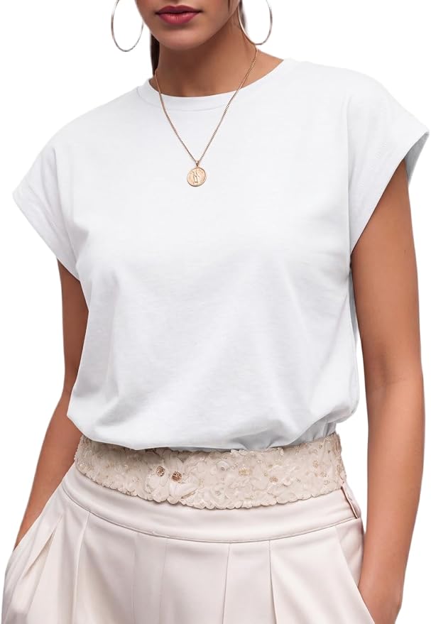 GRECERELLE Womens Summer Tops Cap Sleeve Crew Neck Basic T-Shirt | Everyday Casual Wear, Layering Friendly, Wrinkle-Resistant, Business Casual Ready, Lightweight & Packable, Capsule Wardrobe by GRECERELLE