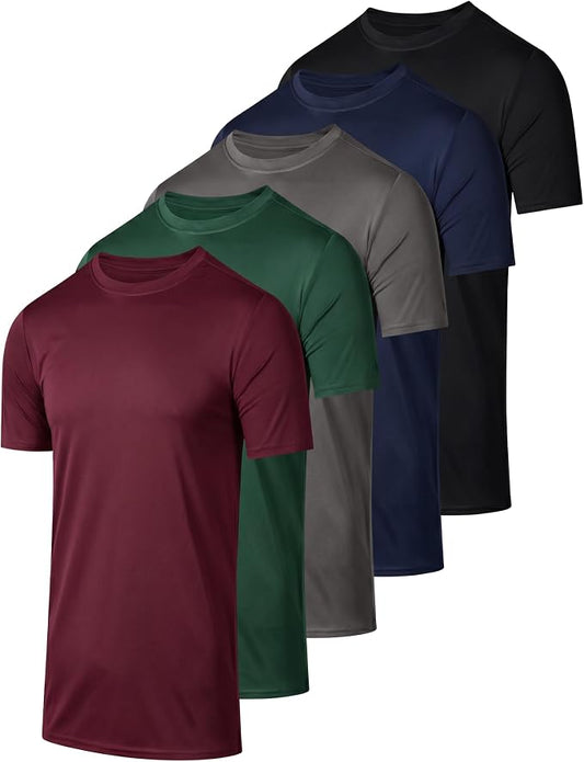 5 Pack Men's Dry Fit Short Sleeve T-Shirt Gym Workout Athletic Running Tee | Cooling, Moisture-Wicking, Crew Neck, Quick-Dry, Breathable, Active, Exercise, Fitness, Basketball, Cycling, Hiking, Tennis by RealEssentials