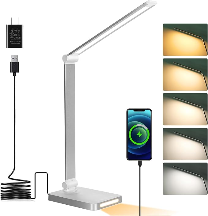 Dott Arts LED Desk Lamp with USB Ports,Touch Desk Lamps for Home Office with 5 Color Modes,3 Brightness Desk Light with Small Night Light,Reading Lamp Table LED Lamp for Bedroom Bedsid Study Sliver | 3 Brightness Desk Light with Small Night Light,Readi... by DottArts