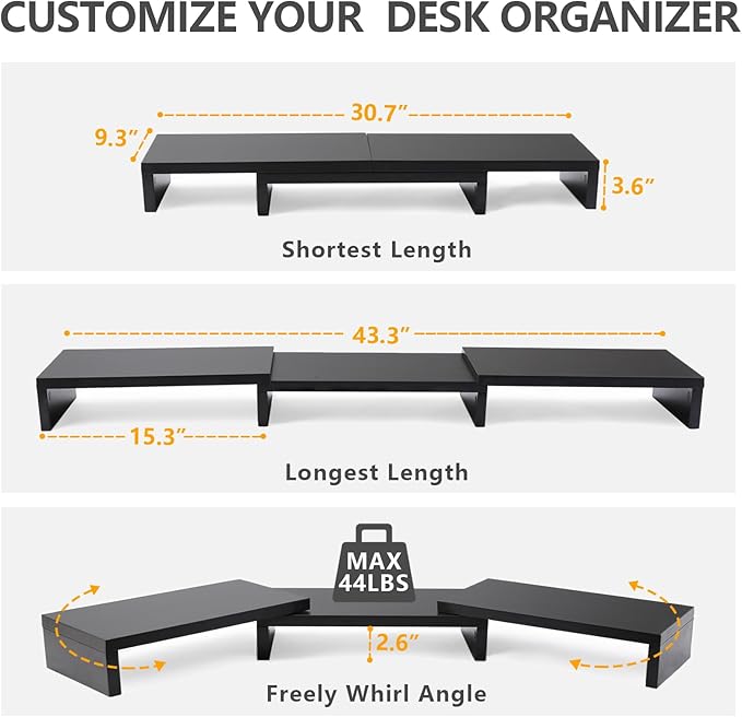 TAVR Monitor Stand Riser, Office Desktop Organizer Stand for 2 Monitors | Adjustable Length and Angle 3 Shelf, Extra Long Multifunctional Wooden Stand up to 43.3" fit Computer, Laptop, TV, Black - Image 3