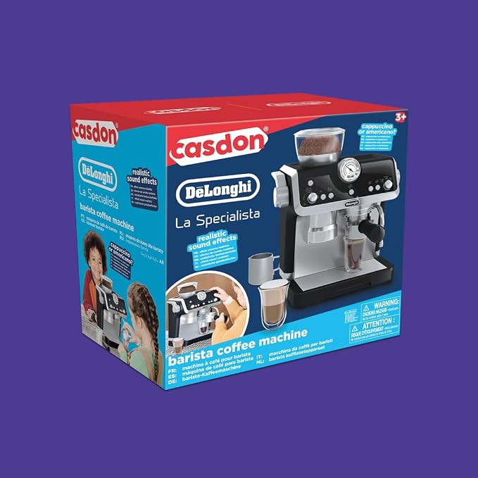 Casdon De'Longhi Toys Barista Coffee Machine. Toy Kitchen Playset for Kids with Moving Parts, Realistic Sounds and Magic Coffee Reveal. For Children Aged 3+, Silver, Black - Image 8